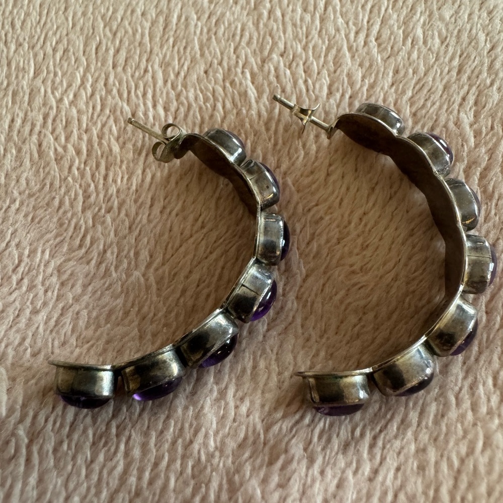 Nakai Sterling Silver Amethyst Hoop Earrings Navajo Southwestern Purple Stone - Picture 8 of 8